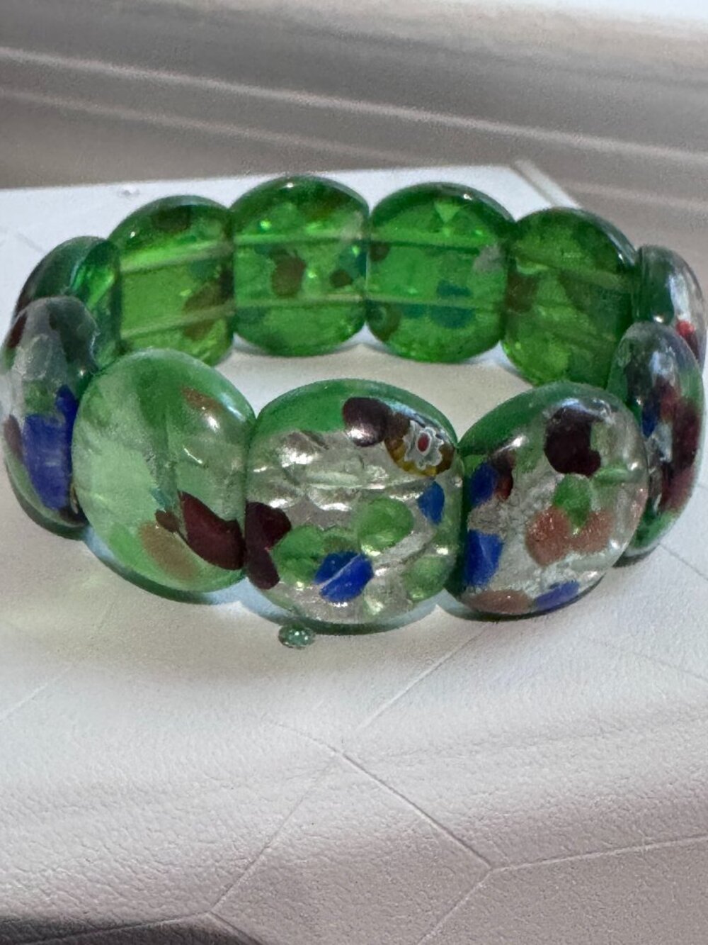 💚 Vintage Murano Art Glass Stretch Bracelet Green Floral Venetian Style ✨💚